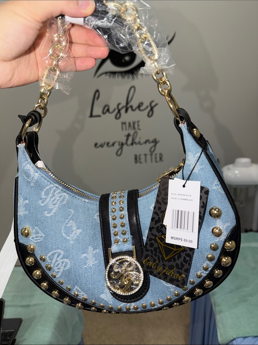 Baby Phat Light Blue Denim Crescent Shoulder Bag with Black Trim & Gold Hardware